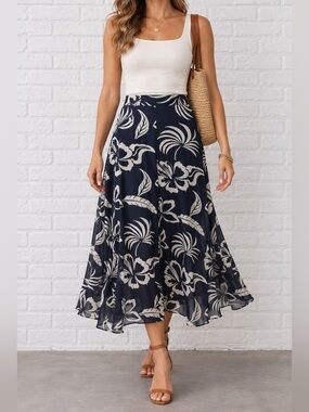 CHAPS Navy Tropical Floral Polyester Midi Skirt Size 10 Y2K Resort